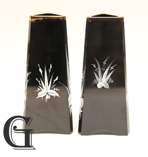 pair blackl glass vases white enamel decoration